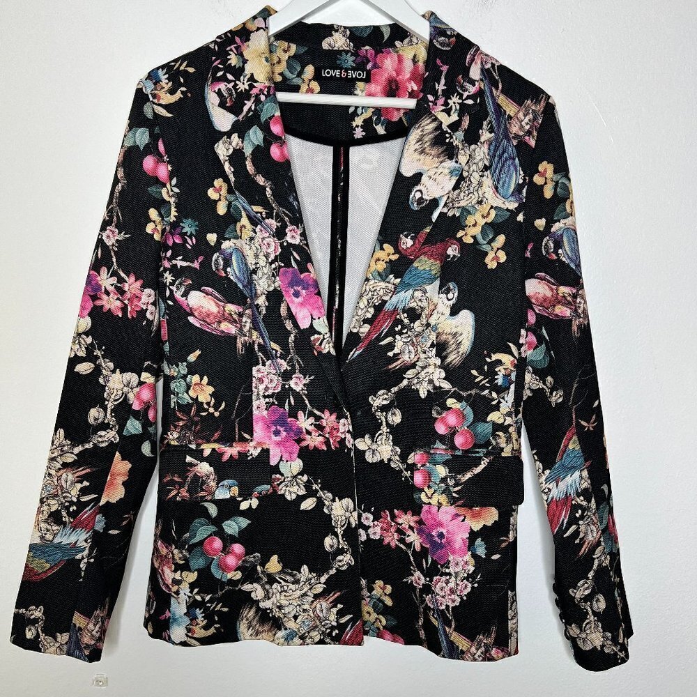 Love Women's Blazer S/M Black One Button Ponte Stretch Pockets Floral Parrots